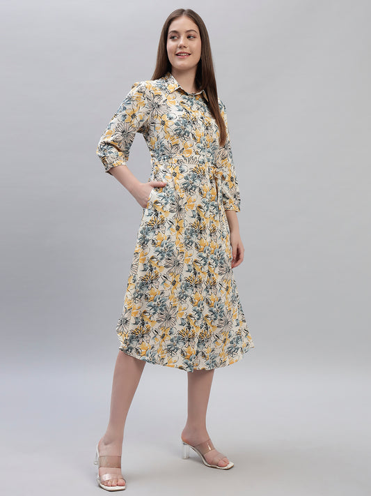 Women's Printed Multi 3/4th Sleeves Spread Collar Casual Dress