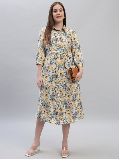 Women's Printed Multi 3/4th Sleeves Spread Collar Casual Dress