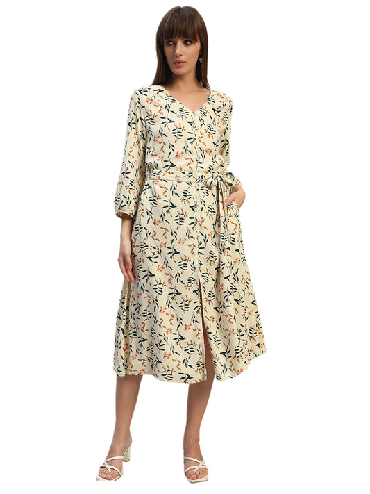 Women's Printed Ivory V-Neck 3/4th Sleeves Casual Dress