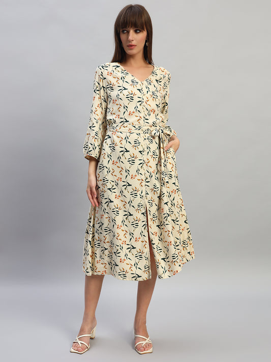 Women's Printed Ivory V-Neck 3/4th Sleeves Casual Dress