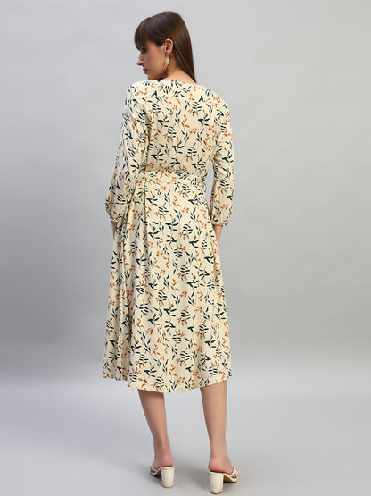 Women's Printed Ivory V-Neck 3/4th Sleeves Casual Dress