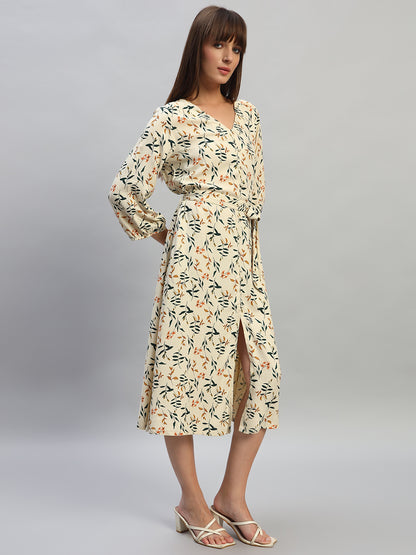 Women's Printed Ivory V-Neck 3/4th Sleeves Casual Dress