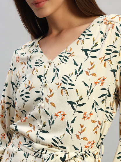Women's Printed Ivory V-Neck 3/4th Sleeves Casual Dress