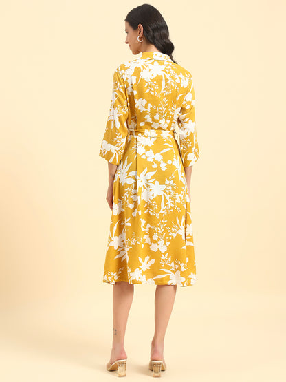 Women's Mustard Printed 3/4th Sleeve Shirt Collar Casual Dress