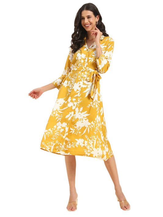 Women's Mustard Printed 3/4th Sleeve Shirt Collar Casual Dress