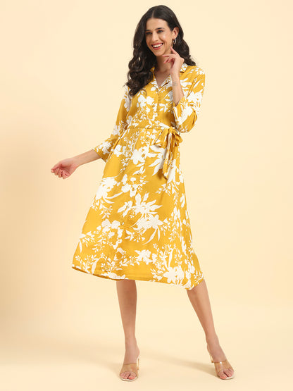 Women's Mustard Printed 3/4th Sleeve Shirt Collar Casual Dress