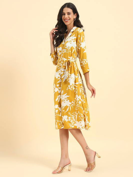 Women's Mustard Printed 3/4th Sleeve Shirt Collar Casual Dress