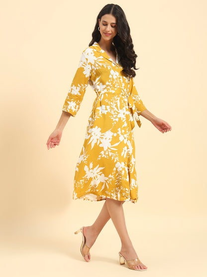 Women's Mustard Printed 3/4th Sleeve Shirt Collar Casual Dress