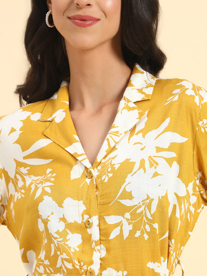 Women's Mustard Printed 3/4th Sleeve Shirt Collar Casual Dress