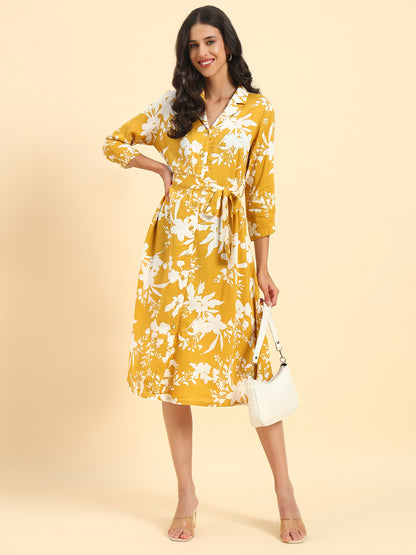 Women's Mustard Printed 3/4th Sleeve Shirt Collar Casual Dress
