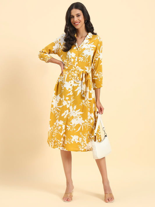 Women's Mustard Printed 3/4th Sleeve Shirt Collar Casual Dress
