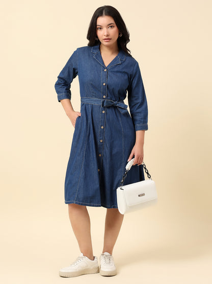 Dress for Women | Breathable & Soft with Color Fastness Regular Fit Notched Lapel Cotton Fabric Solid Pattern