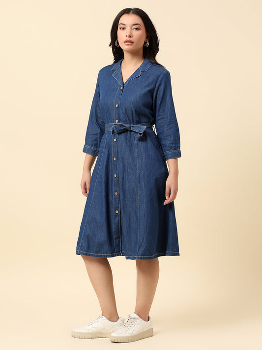 Dress for Women | Breathable & Soft with Color Fastness Regular Fit Notched Lapel Cotton Fabric Solid Pattern