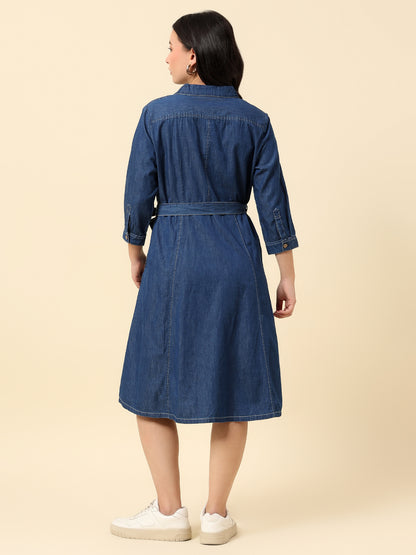 Dress for Women | Breathable & Soft with Color Fastness Regular Fit Notched Lapel Cotton Fabric Solid Pattern