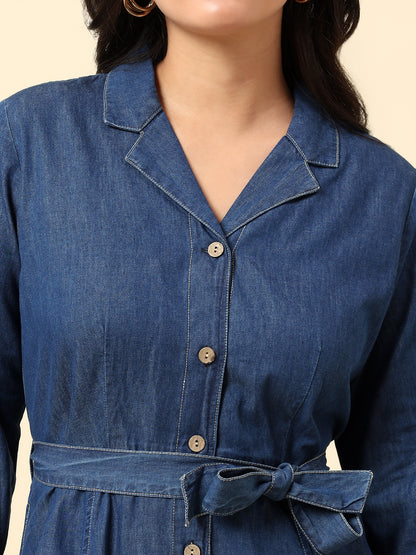 Dress for Women | Breathable & Soft with Color Fastness Regular Fit Notched Lapel Cotton Fabric Solid Pattern