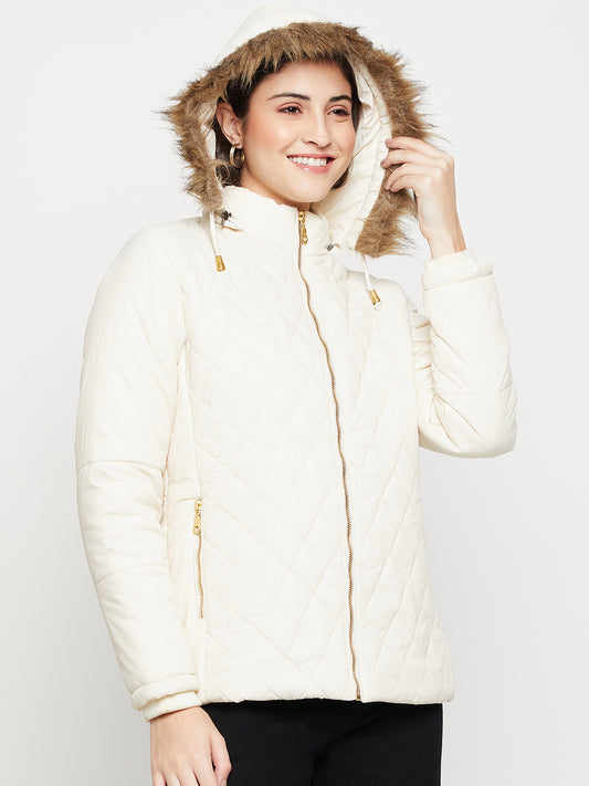 Women's Casual  Ivory Quilted Hood with Faux Fur trim Jacket