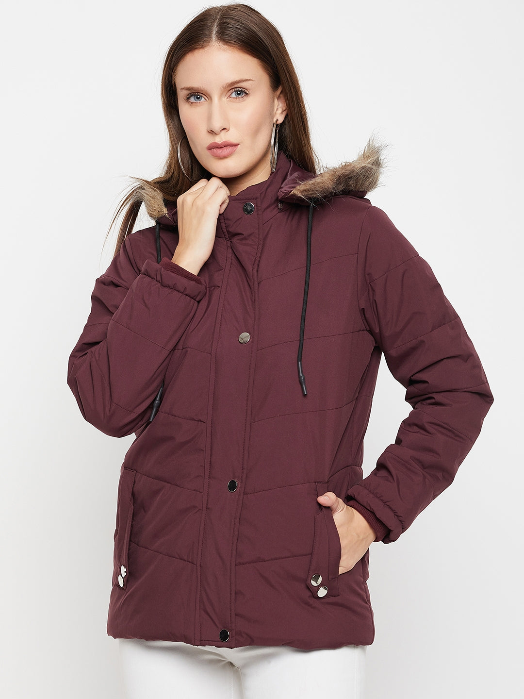 Women's Casual Wine Quilted Detachable Hood with Faux Fur trim