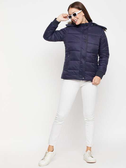 Women's Casual  Blue Quilted Detachable Hood with Faux Fur trim Puffer Jacket