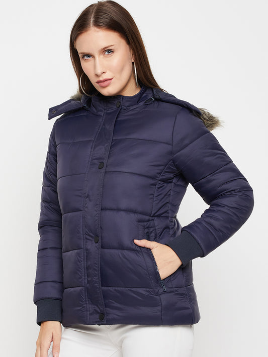 Women's Casual  Blue Quilted Detachable Hood with Faux Fur trim Puffer Jacket
