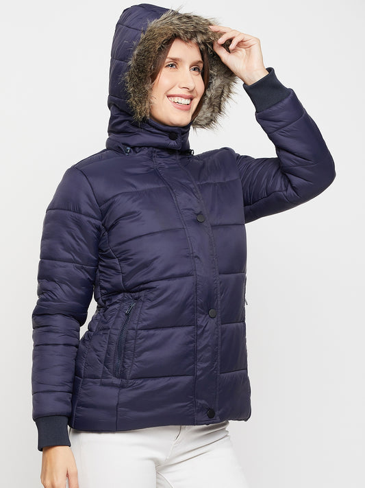 Women's Casual  Blue Quilted Detachable Hood with Faux Fur trim Puffer Jacket