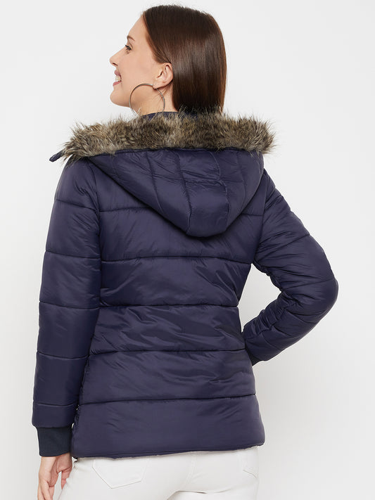 Women's Casual  Blue Quilted Detachable Hood with Faux Fur trim Puffer Jacket