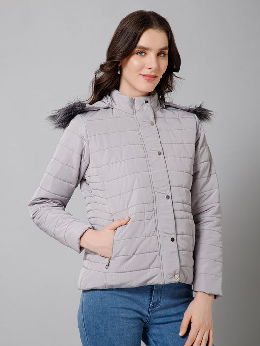 Women's Casual  Grey Quilted Detachable Hood with Faux Fur trim Jacket
