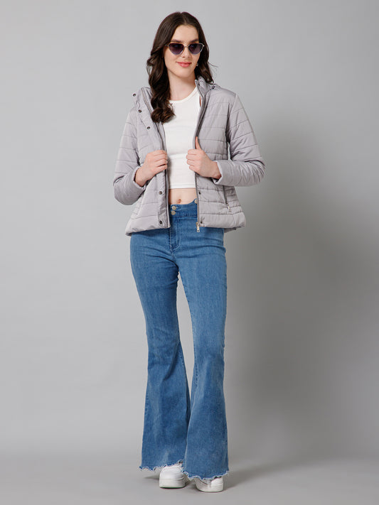 Women's Casual  Grey Quilted Detachable Hood with Faux Fur trim Jacket