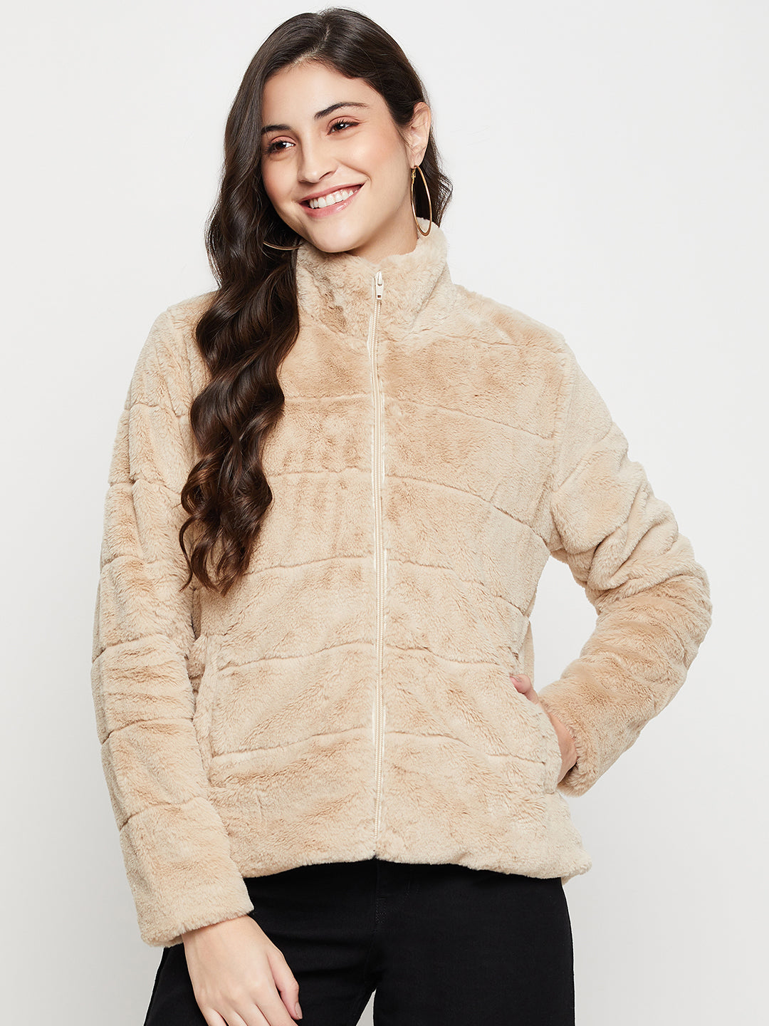 Women's Casual Beige Soft Faux Fur Jacket
