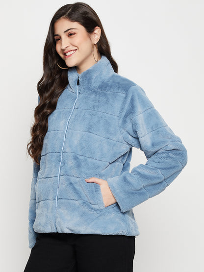 Women's Casual  Blue Soft Faux Fur  Jacket