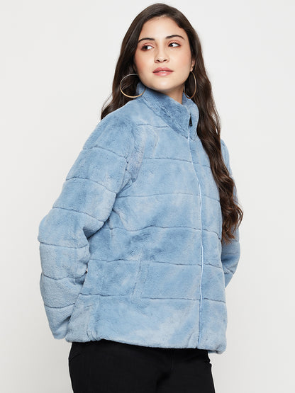 Women's Casual  Blue Soft Faux Fur  Jacket