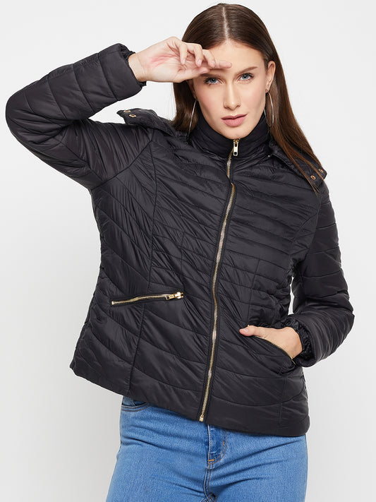 Women's Casual  Black Quilted Detachable quilted Hood Puffer Jacket