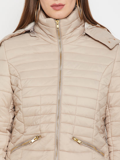 Women's Casual  Beige Quilted Detachable quilted Hood Puffer Jacket