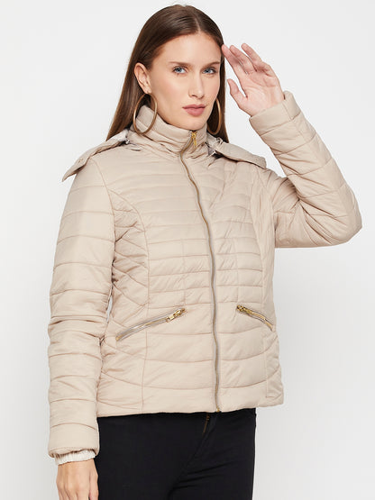 Women's Casual  Beige Quilted Detachable quilted Hood Puffer Jacket