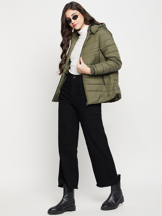 Women's Casual  Olive Green Quilted Detachable quilted Hood Jacket