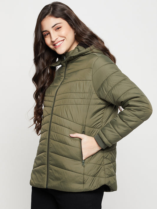 Women's Casual  Olive Green Quilted Detachable quilted Hood Jacket
