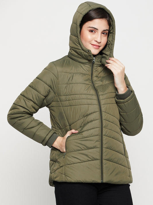 Women's Casual  Olive Green Quilted Detachable quilted Hood Jacket