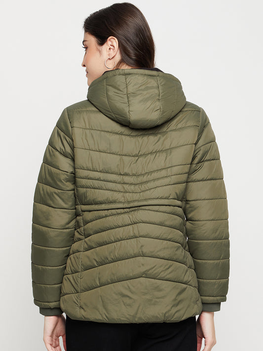 Women's Casual  Olive Green Quilted Detachable quilted Hood Jacket