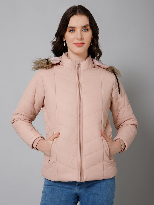 Women's Casual  Light Pink Quilted Detachable Hood with Faux Fur trim Jacket