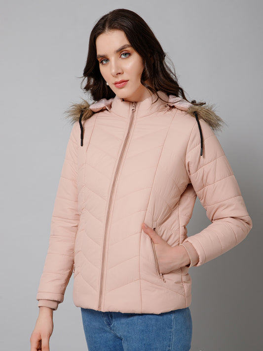 Women's Casual  Light Pink Quilted Detachable Hood with Faux Fur trim Jacket