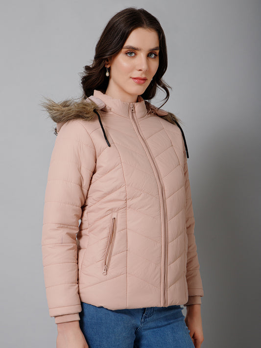 Women's Casual  Light Pink Quilted Detachable Hood with Faux Fur trim Jacket