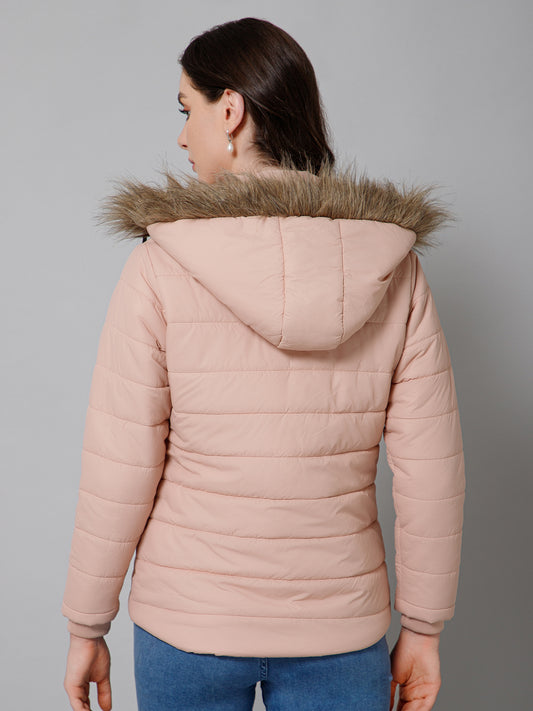 Women's Casual  Light Pink Quilted Detachable Hood with Faux Fur trim Jacket