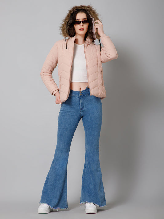 Women's Casual  Light Pink Quilted Detachable Hood with Faux Fur trim Jacket