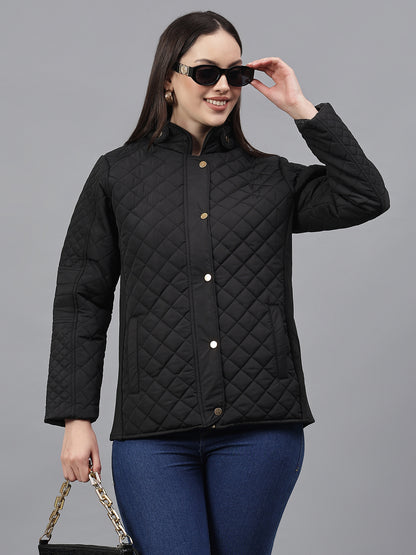 Women's Solid Black Mock Neck Full Sleeves Casual Jacket