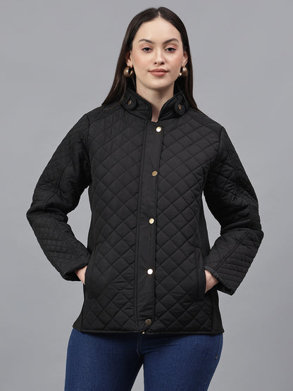 Women's Solid Black Mock Neck Full Sleeves Casual Jacket