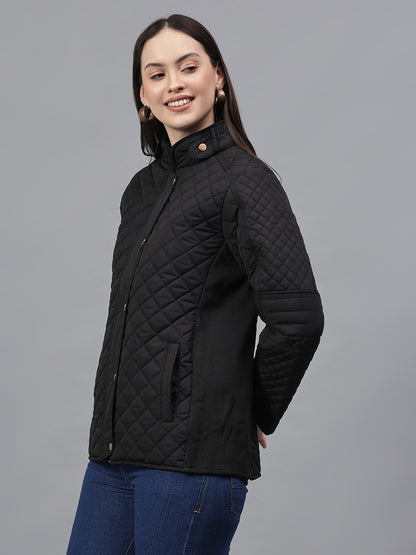 Women's Solid Black Mock Neck Full Sleeves Casual Jacket