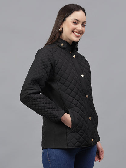 Women's Solid Black Mock Neck Full Sleeves Casual Jacket