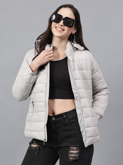 Women's Solid Grey Hooded Neck Full Sleeves Casual Jacket