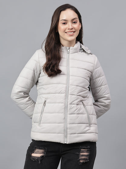 Women's Solid Grey Hooded Neck Full Sleeves Casual Jacket