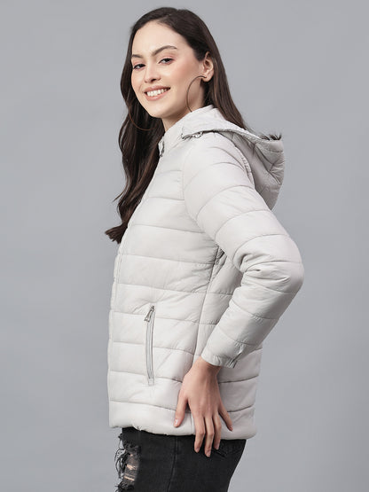 Women's Solid Grey Hooded Neck Full Sleeves Casual Jacket
