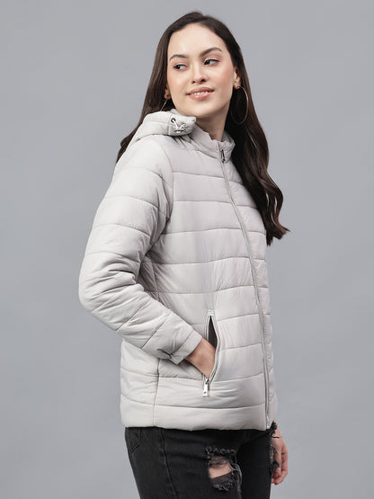 Women's Solid Grey Hooded Neck Full Sleeves Casual Jacket
